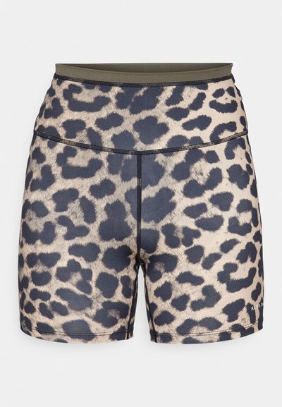 Leopardų rašto šortai su tamsiu liemeniu, pagaminti iš glotnaus sintetinio audinio. Yra juodų ir smėlio spalvos raštų, siužti siūlai ir logotipo detalė.