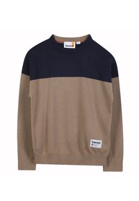 Sweter dzianinowy w ciemnym granacie i kolorze tan, z prążkowanym okrągłym dekoltem i mankietami, z naszywką Timberland po lewej stronie u dołu.