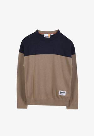 Maglione a maglia nei colori blu scuro e beige, con colletto a girocollo e polsini a coste, dotato di una toppa con il logo Timberland in basso a sinistra.