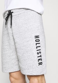Světle šedé šortky na stažení s černým logem "Hollister" tištěným vertikálně na levém stehně, oblečené s bílým tričkem.