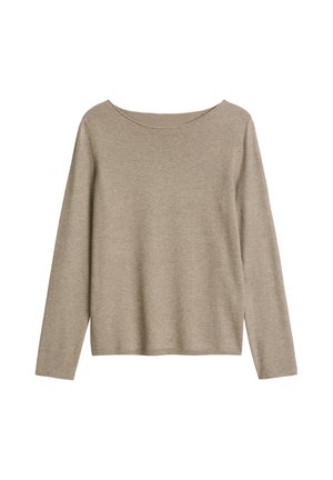 Pull beige en maille à manches longues avec un col bateau, présenté à plat sur un fond blanc.