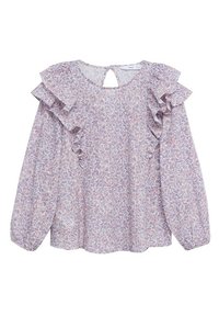 Blumenbluse in Helllila mit Rüschenschultern, Schlitz im Rücken und lockerer Passform. Verziert mit komplexen Blumenmustern in Rosa und Blau.