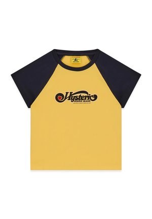 Yellow short-sleeve shirt with black raglan sleeves, "Hysteric Guess Jeans" logo and red heart design on the chest.