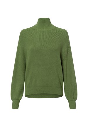 Pull en maille vert à col roulé avec manches longues et poignets et ourlet côtelés, présenté sur fond blanc.