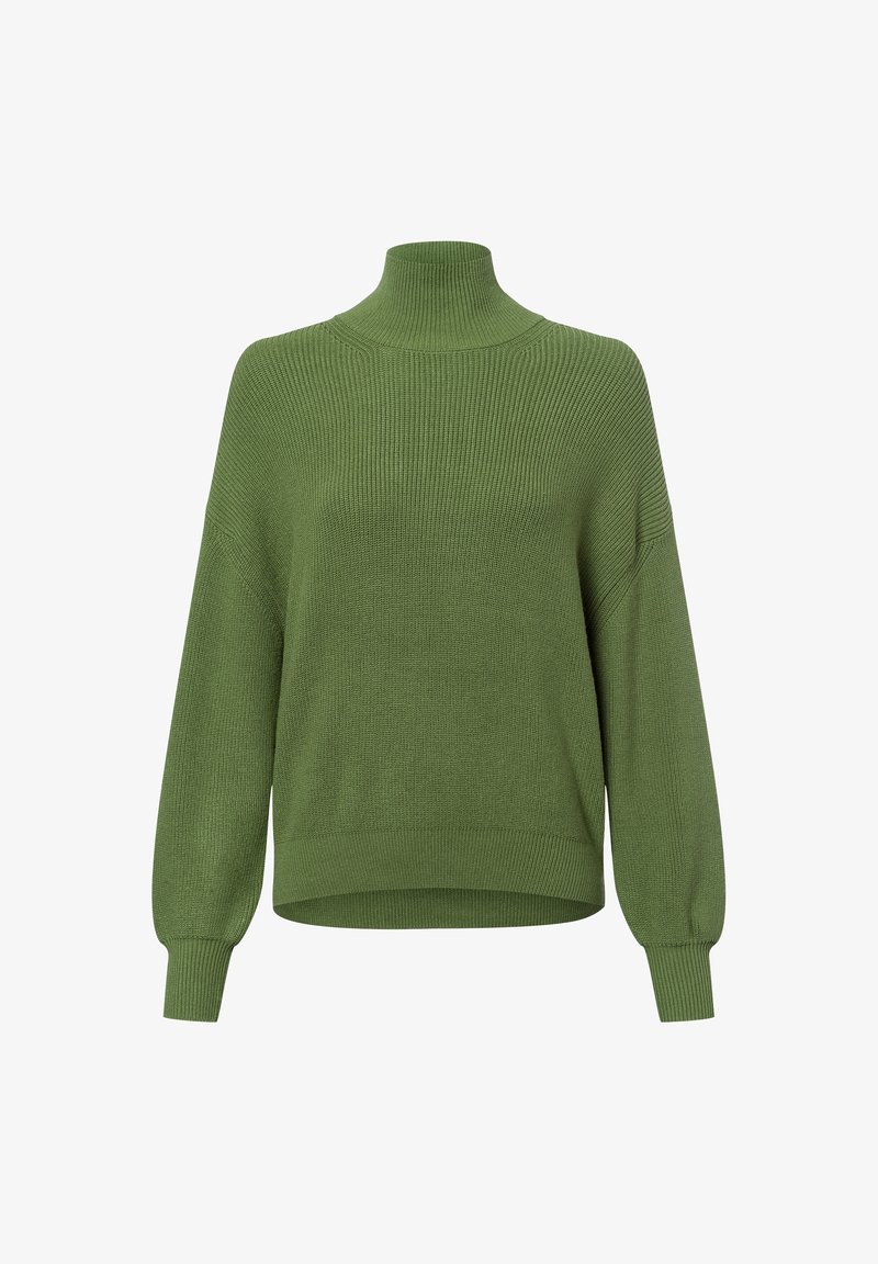 Pull en maille vert à col roulé avec manches longues et poignets et ourlet côtelés, présenté sur fond blanc.