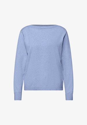 Světlomodrý dlouhý rukáv pletený svetr s kulatým výstřihem a žebrovanými manžetami a lemem, zobrazený na bílém pozadí.