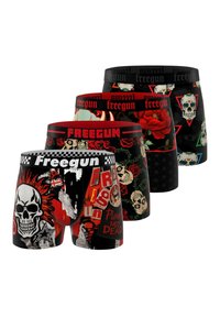 Ensemble de sous-vêtements pour hommes comprenant quatre paires aux designs variés. Les couleurs incluent le rouge, le noir et le blanc. Les motifs comprennent des crânes, des roses et des graphiques.