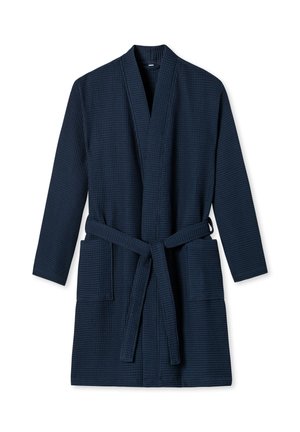 Marineblauer Bademantel mit Waffelstruktur, langen Ärmeln, zwei vorderen Taschen und einem Gürtel, der in der Taille gebunden ist.