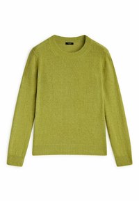 Pull col rond vert olive en maille douce et texturée, avec manches longues et ourlet côtelé. Léger et polyvalent, idéal pour superposer.
