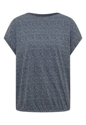 Blouse bleu-gris à manches courtes avec un col rond et un motif feuilles foncé couvrant l'ensemble.