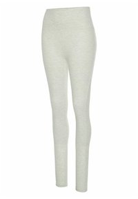 Lichtgrijze leggings met een gladde textuur, hoge tailleband en een aansluitend ontwerp, dat naar de enkel toe tapsers loopt voor een gestroomlijnde uitstraling.