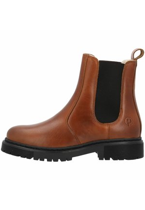 Brown leather chelsea boot featuring elastic side panels, a black rubber sole with a textured pattern, and a pull tab on the back.