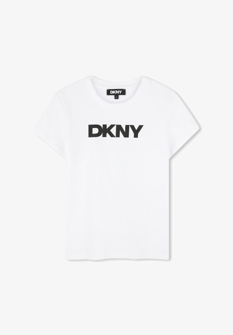 T-shirt en coton blanc à manches courtes et col rond. Présente un logo noir « DKNY » audacieux sur la poitrine. Coupe droite classique.