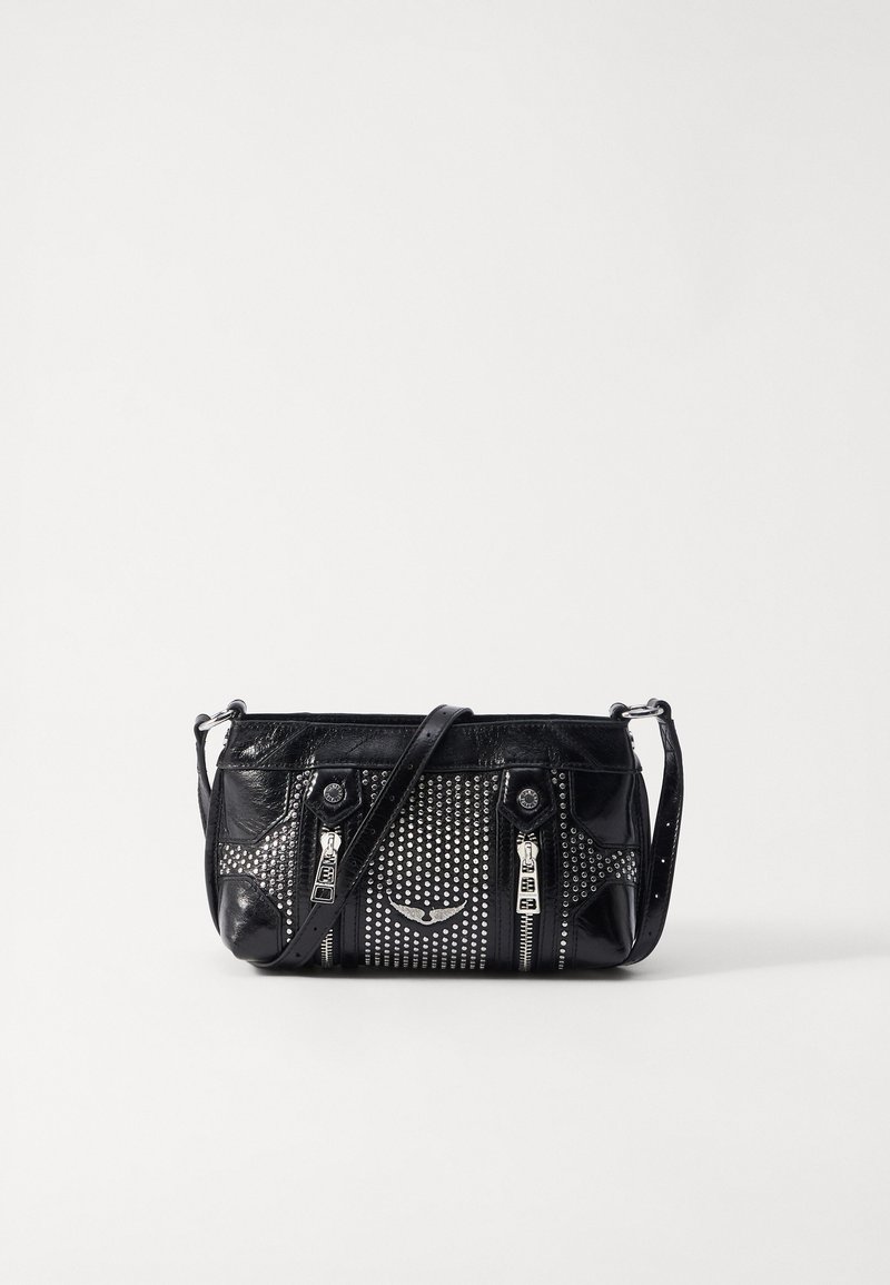 Black leather bag with silver studs, featuring a zip closure and adjustable strap. Compact rectangular shape with two front pockets.