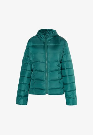 Teal pufferjack met een capuchon, ritssluiting en gestikte textuur; beschikt over lange mouwen en een cropped ontwerp.