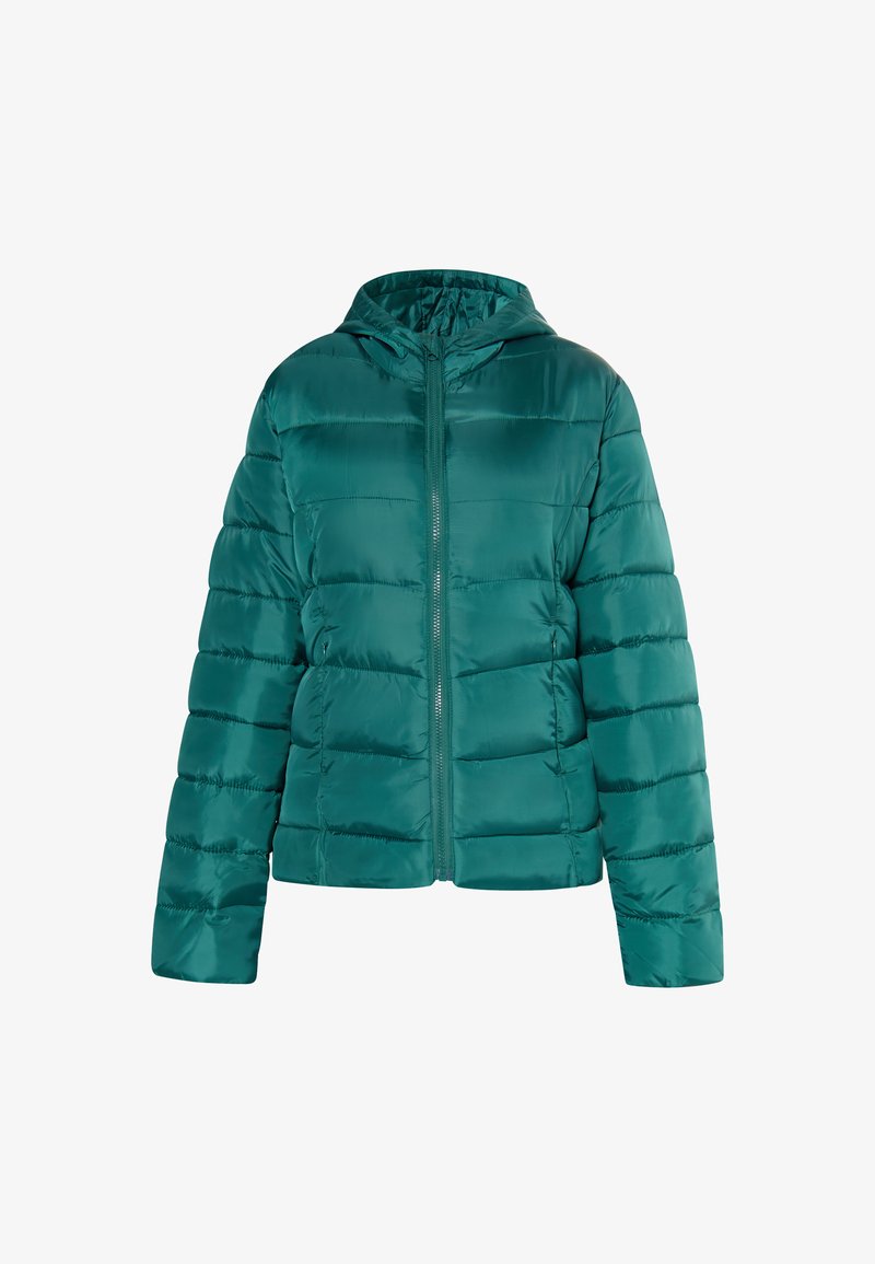 Teal, puffjacka med huva, dragkedja och quiltad textur; har långärmar och en kortad design.