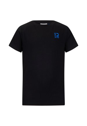 Czarny T-shirt z krótkim rękawem z małym niebieskim logo "RETOUR R" na górnej lewej piersi, gładki przód, okrągły dekolt.