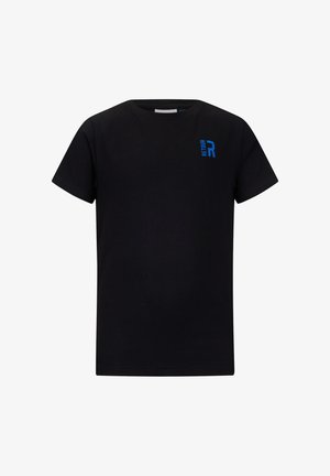 Zwart T-shirt met korte mouwen en een klein blauw "RETOUR R" logo op de linkerbovenborst, effen voorkant, ronde halslijn.