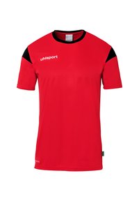 Rotes Sporttrikot mit schwarzen Akzenten an den Schultern. Kurze Ärmel, runder Hals und leichtes Material. Mit "uhlsport"-Logo in Weiß.