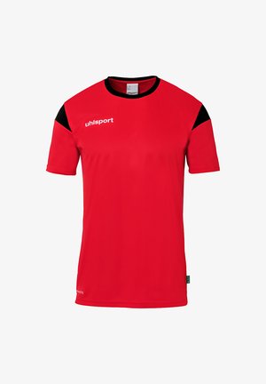 Rode sporttrui met zwarte accenten op de schouders. Korte mouwen, ronde hals en lichte stof. Bevat het "uhlsport" logo in het wit.