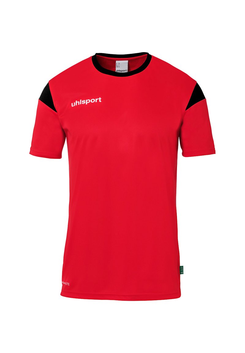 Rotes Sporttrikot mit schwarzen Akzenten an den Schultern. Kurze Ärmel, runder Hals und leichtes Material. Mit "uhlsport"-Logo in Weiß.