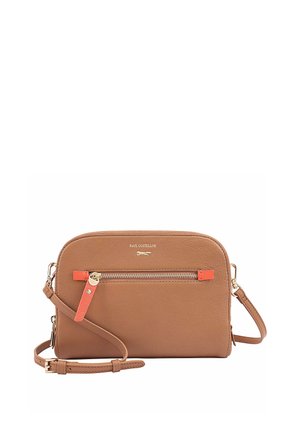 Brown leather crossbody bag with a smooth texture, zippered front pocket, orange accents, adjustable strap, and embossed logo on front.