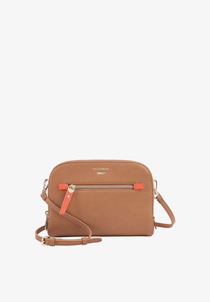 Brown leather crossbody bag with a smooth texture, zippered front pocket, orange accents, adjustable strap, and embossed logo on front.