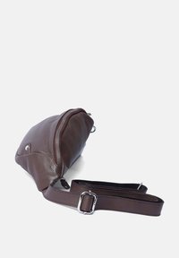 Borsa a tracolla in pelle marrone con chiusura a zip, caratterizzata da una forma triangolare piatta e una tracolla regolabile e removibile.