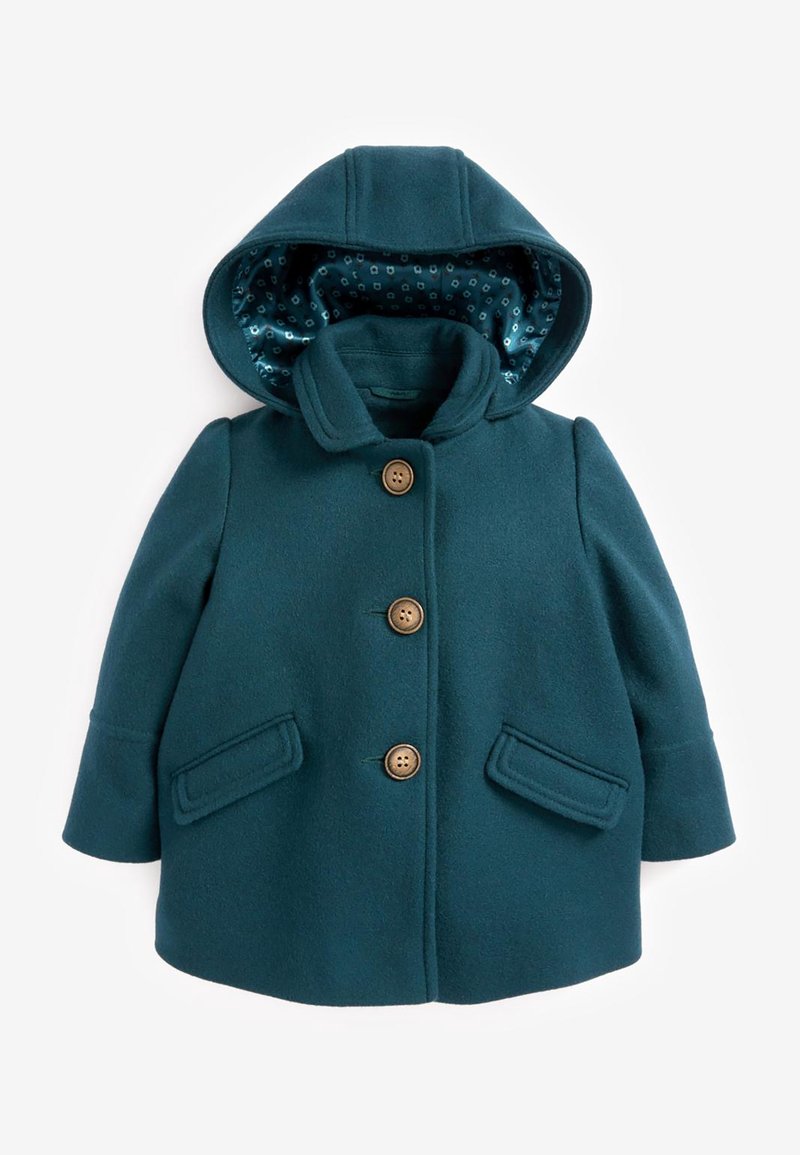 Manteau en laine bleu sarcelle pour tout-petit, avec capuche doublée d'un tissu à motifs, trois boutons en bois à l'avant et deux poches à rabat.