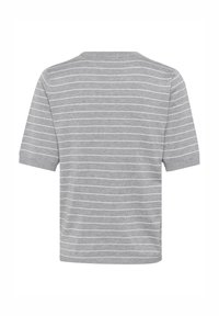 Grå kortærmet t-shirt med hvide vandrette striber, rund hals og en afslappet pasform med en glat tekstur.