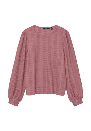 Blusa rosa pallido a maniche lunghe con tessuto texturizzato, scollatura rotonda e maniche arricciate, dalla vestibilità ampia e senza hardware visibili.