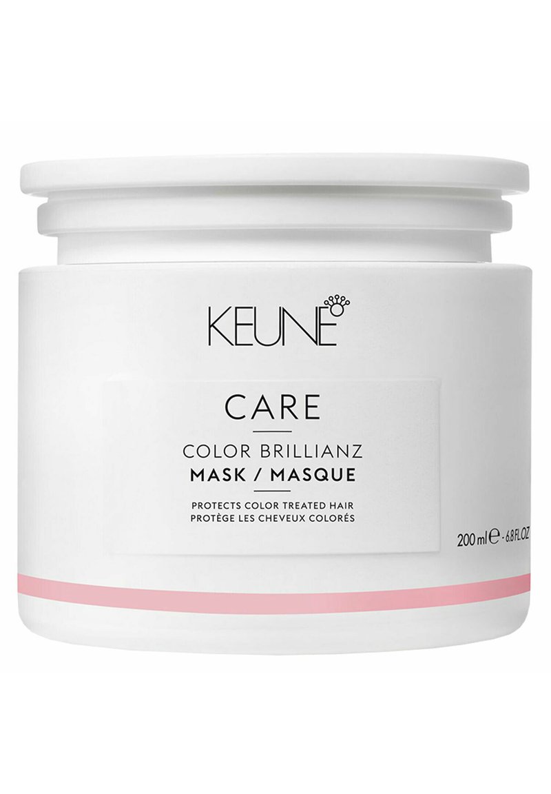 Barattolo bianco e rotondo per maschera per capelli con una fascia rosa a contrasto. L'etichetta presenta il logo "KEUNE" e il testo che indica il tipo e la funzione del prodotto. 200 ml.