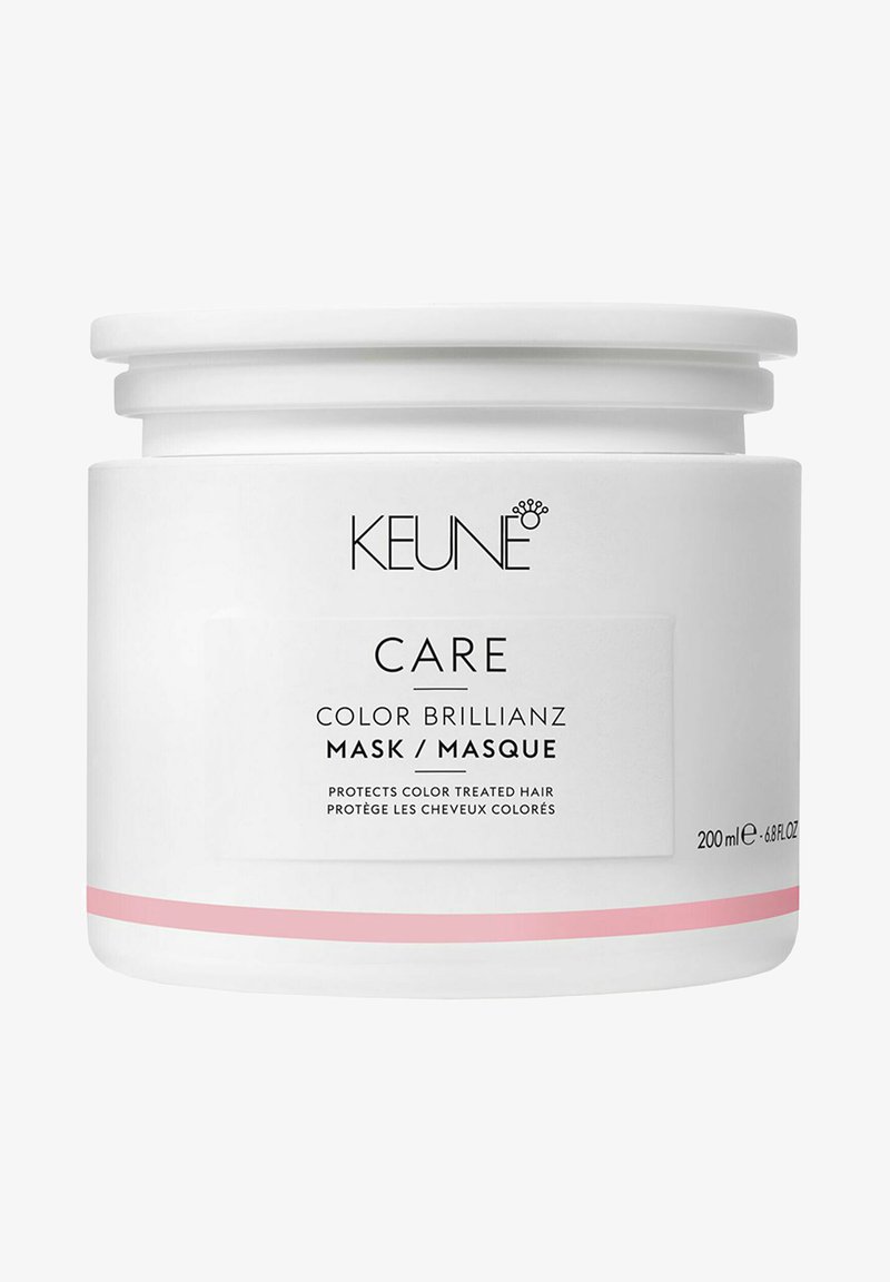 Barattolo bianco e rotondo per maschera per capelli con una fascia rosa a contrasto. L'etichetta presenta il logo "KEUNE" e il testo che indica il tipo e la funzione del prodotto. 200 ml.