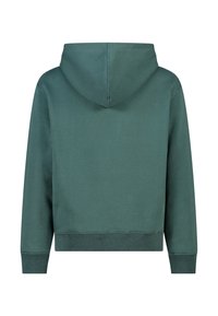 Sweat à capuche court de couleur vert foncé, fabriqué en mélange de coton doux, doté d'une capuche, de manches longues et de poignets et ourlet côtelés. Texture lisse, détails minimalistes.