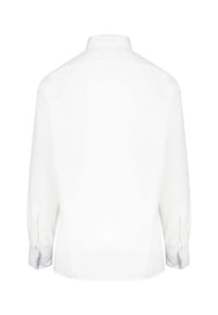Witte lange mouw blouse met een klassieke kraag, een gladde textuur, met knoopmanchetten en een eenvoudige achterkant. Geen patronen of accenten aanwezig.