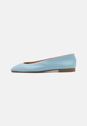Lichtblauwe leren balletflat met een spitse neus, minimalistisch ontwerp en een kleine bruine hak. Gladde textuur, geen zichtbare patronen of accenten.
