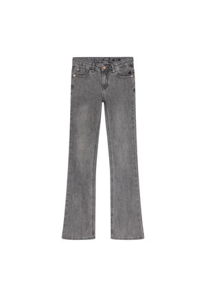 Graue, aus Denim gefertigte Schlagjeans mit hoher Taille, fünf Taschen und kupferfarbenen Akzenten. Glatte Textur mit einem ausgewaschenen Design.