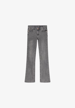 Grijze denim flare jeans met een hoge taille, vijf zakken en koperen accenten. Glad textuur met een vervaagde was.