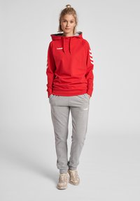 Felpa rossa con cappuccio e logo bianco, abbinata a pantaloni della tuta grigi. Presenta righe bianche di accento sulle maniche e fodera grigia all'interno del cappuccio.