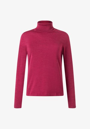 Dopasowany sweter z golfem w jaskrawym kolorze magenta, wykonany z miękkiej, teksturowanej tkaniny. Długie rękawy i prosty fason z minimalną ilością zdobień.