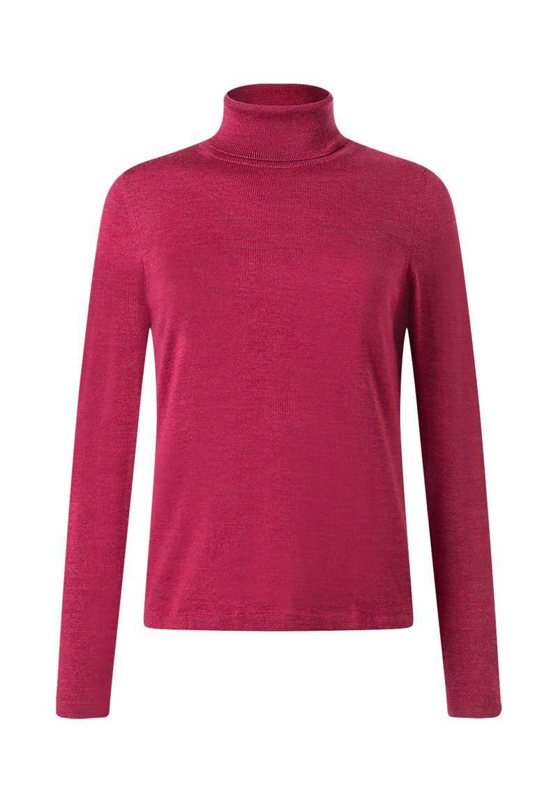 Přiléhavý rolákový svetr v jasné magentové barvě, vyrobený z měkké, texturované látky. Dlouhé rukávy a jednoduchý design s minimálním zdobením.