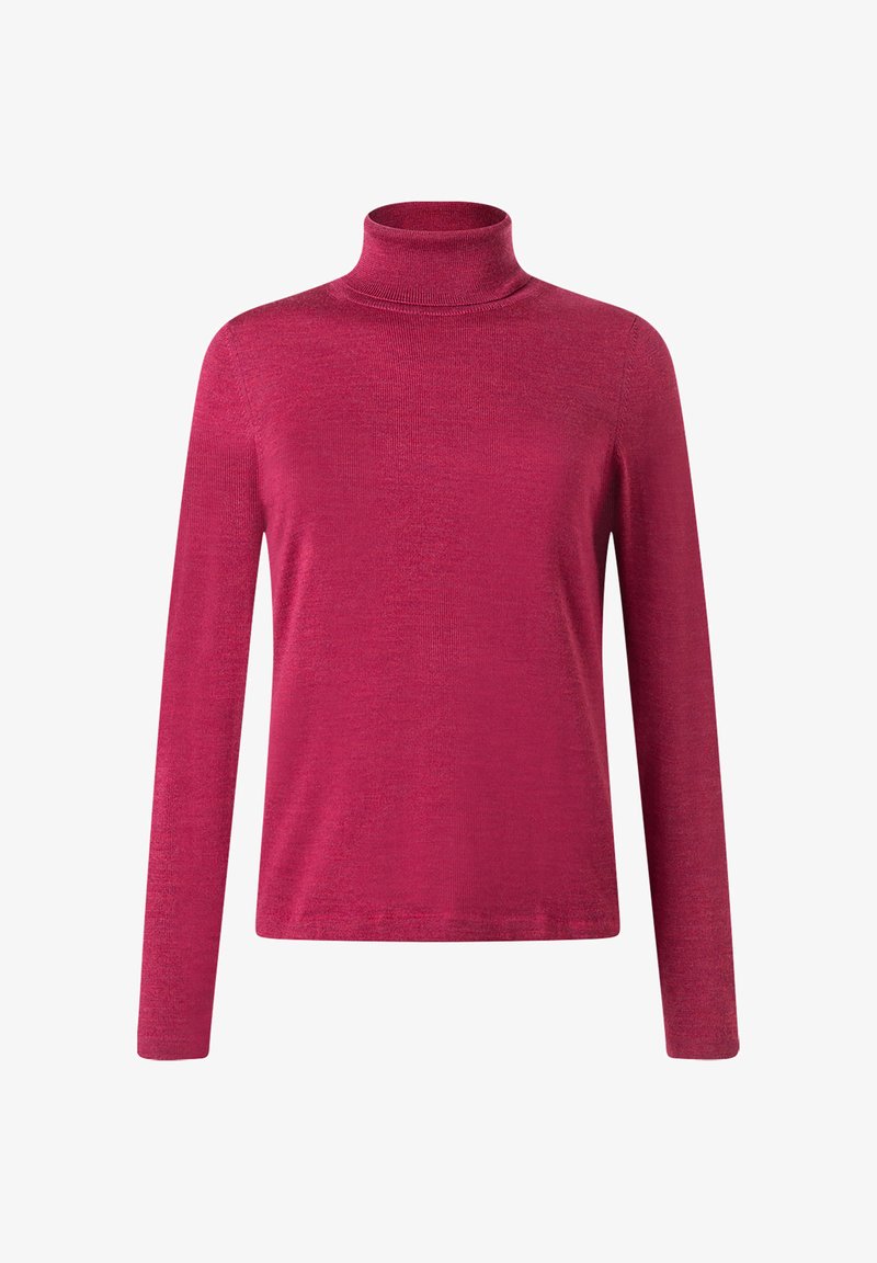 Přiléhavý rolákový svetr v jasné magentové barvě, vyrobený z měkké, texturované látky. Dlouhé rukávy a jednoduchý design s minimálním zdobením.