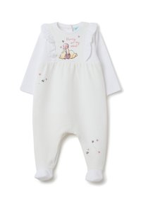 Weißer Baby-Overall mit langen Ärmeln, ausgestattet mit einem gerippten Textur, Rüschenakzenten und einem bunten Winnie Puuh-Design mit Herzen und Bienen.