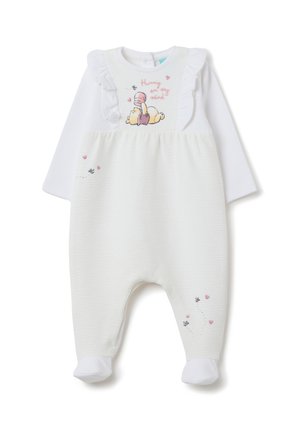 Weißer Baby-Overall mit langen Ärmeln, ausgestattet mit einem gerippten Textur, Rüschenakzenten und einem bunten Winnie Puuh-Design mit Herzen und Bienen.