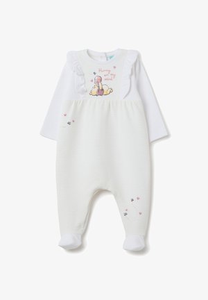 Tutina bianca per bambino con maniche lunghe, caratterizzata da una texture a costine, dettagli arricciati e un design colorato di Winnie the Pooh con cuori e api.