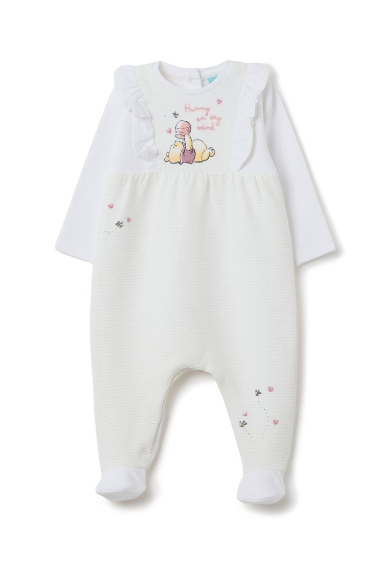 Weißer Baby-Overall mit langen Ärmeln, ausgestattet mit einem gerippten Textur, Rüschenakzenten und einem bunten Winnie Puuh-Design mit Herzen und Bienen.
