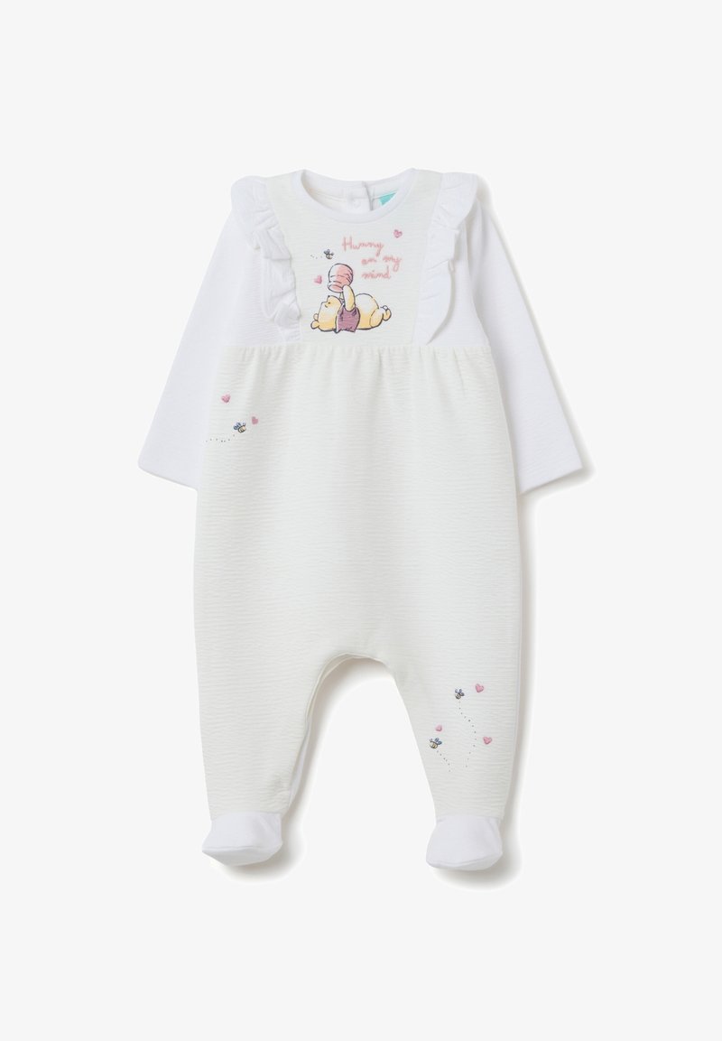Weißer Baby-Overall mit langen Ärmeln, ausgestattet mit einem gerippten Textur, Rüschenakzenten und einem bunten Winnie Puuh-Design mit Herzen und Bienen.