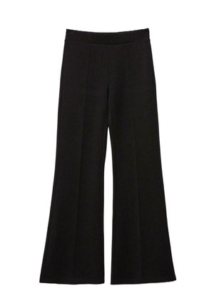 Zwarte high-waist uitlopende broek met voornaad, elastische tailleband en brede pijpen, weergegeven op een witte achtergrond.