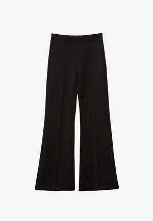 Zwarte high-waist uitlopende broek met voornaad, elastische tailleband en brede pijpen, weergegeven op een witte achtergrond.