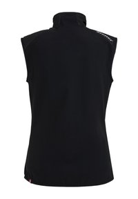 Black sleeveless athletic vest featuring a high collar, smooth texture, and logo detailing on the shoulder. Seamless design provides a streamlined fit.